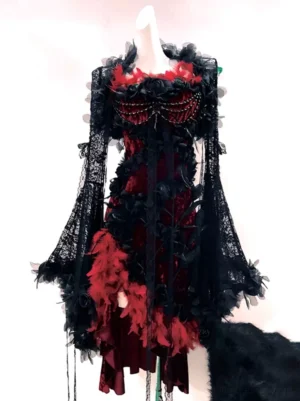 Gothic Lolita Black Velvet Mermaid Dress with Burgundy Feather Accents and Ornate Chest Decoration - Front View