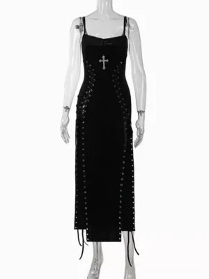 Gothic lolita midi velvet slip dress front display view on mannequin featuring cross brooch ornament adjustable straps lace-up grommet side opening and thigh split hemline
