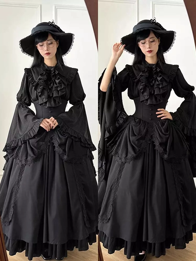 All-black Gothic Lolita Victorian dress front full-body plain background showcasing embellished ruffled stand collar, floor-length flared bell sleeves, and structured layered skirt
