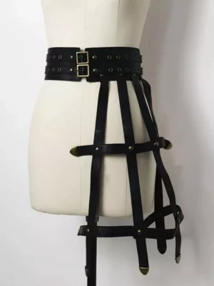 Gothic Lolita black PU leather waist harness with bronze metal grommets and buckles, front view on dress form displaying adjustable waist harness design