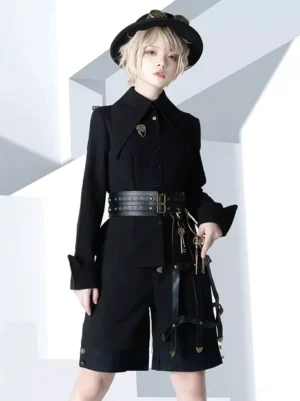Gothic Lolita full outfit styling with waist harness, model wearing blonde wig and vintage hat, complete Gothic coordinate with black and bronze accessories