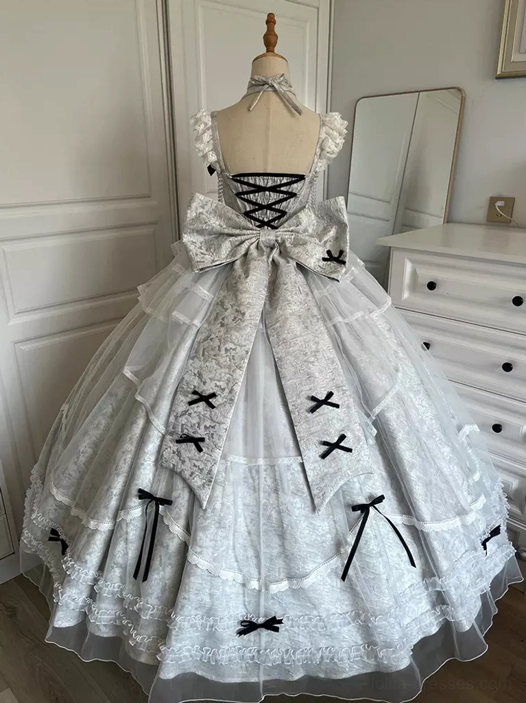 Blue gray lolita wedding gown dress back detail mannequin lace-up closure oversized bow cross strap accents jacquard weave