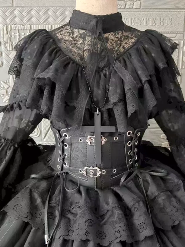 White and black Gothic lolita dress collection overview showing tiered ruffled design long flare sleeves and high Victorian neckline