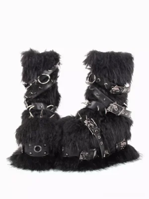 Front facing view of gothic lolita boots with black fluffy fur trim and multiple decorative metal straps