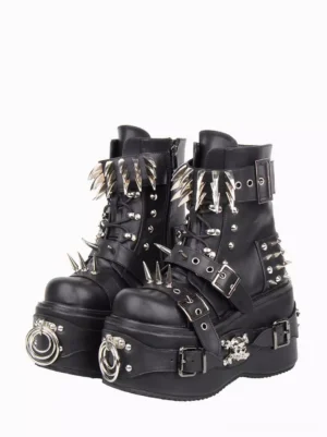Black gothic lolita wedge boots with silver metal rivets and skull decorations front oblique view