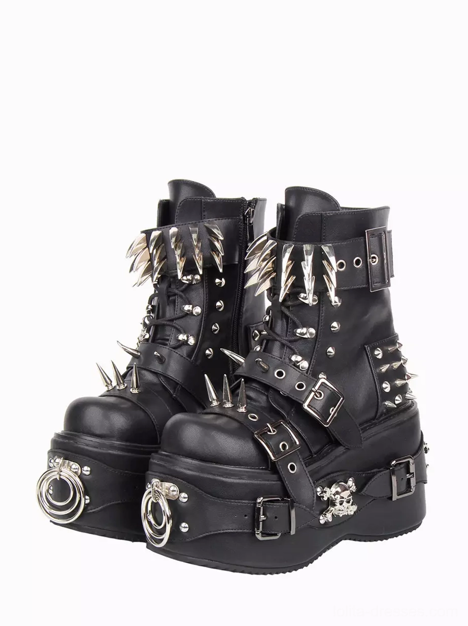 Black gothic lolita wedge boots with silver metal rivets and skull decorations front oblique view