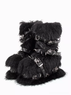 Gothic lolita wedge boots black faux fur with decorative metal chains and skull buckles three-quarter side view