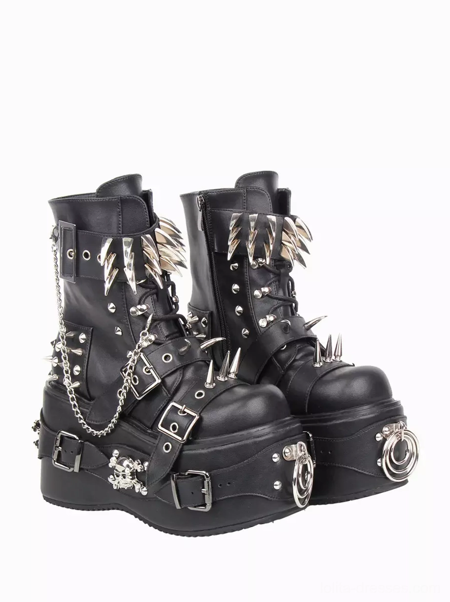 Black gothic lolita boots with decorative silver metal chains and circular ring buckle straps front view