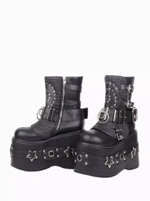 Black Gothic wedge heel boots side profile showing inner zipper closure, metal buckles, star-trimmed thick wedge sole, and mid-calf shaft