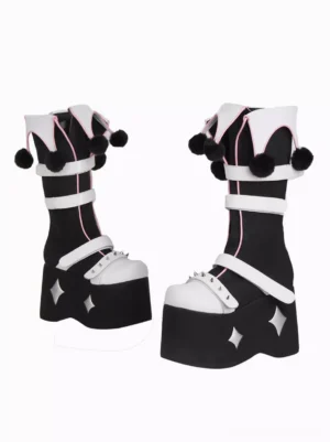 Matching gothic lolita boots side by side three-quarter angle showing decorative details star cutout platform design