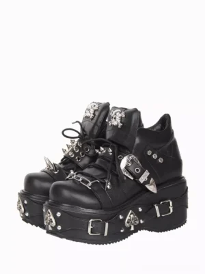 Gothic Lolita platform wedge ankle boots with spike rivets front three-quarter paired view black PU leather silver hardware