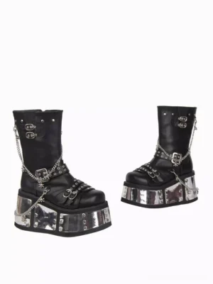 Gothic lolita boots side view single boot thick platform sole silver decorative punk hardware design black leather