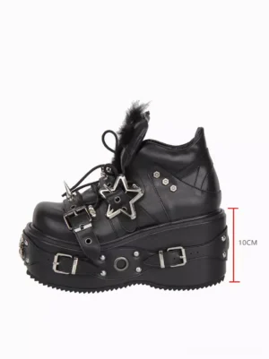 Single Gothic Lolita platform boot side three-quarter view showing 10cm wedge heel silver metal hardware fuzzy fur collar