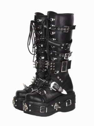 Gothic Lolita wedge platform boots front three-quarter view black PU leather metal rivets buckles spikes thick sole