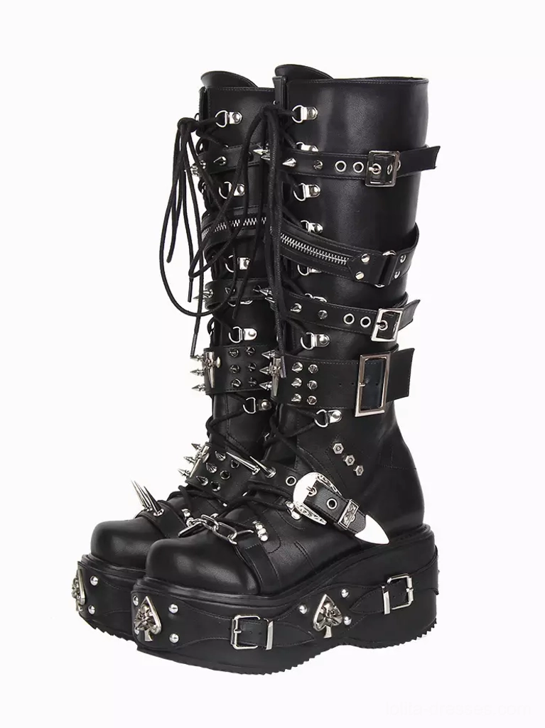 Gothic Lolita wedge platform boots front three-quarter view black PU leather metal rivets buckles spikes thick sole