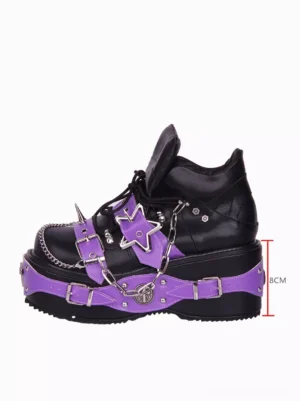 Gothic lolita wedge heel shoes right side profile showing 8cm chunky platform heel with purple leather straps metal spikes and riveted details on black sole