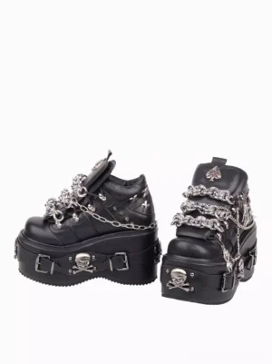 Gothic lolita wedge heel shoes side profile view thick platform sole silver chains skull hardware details
