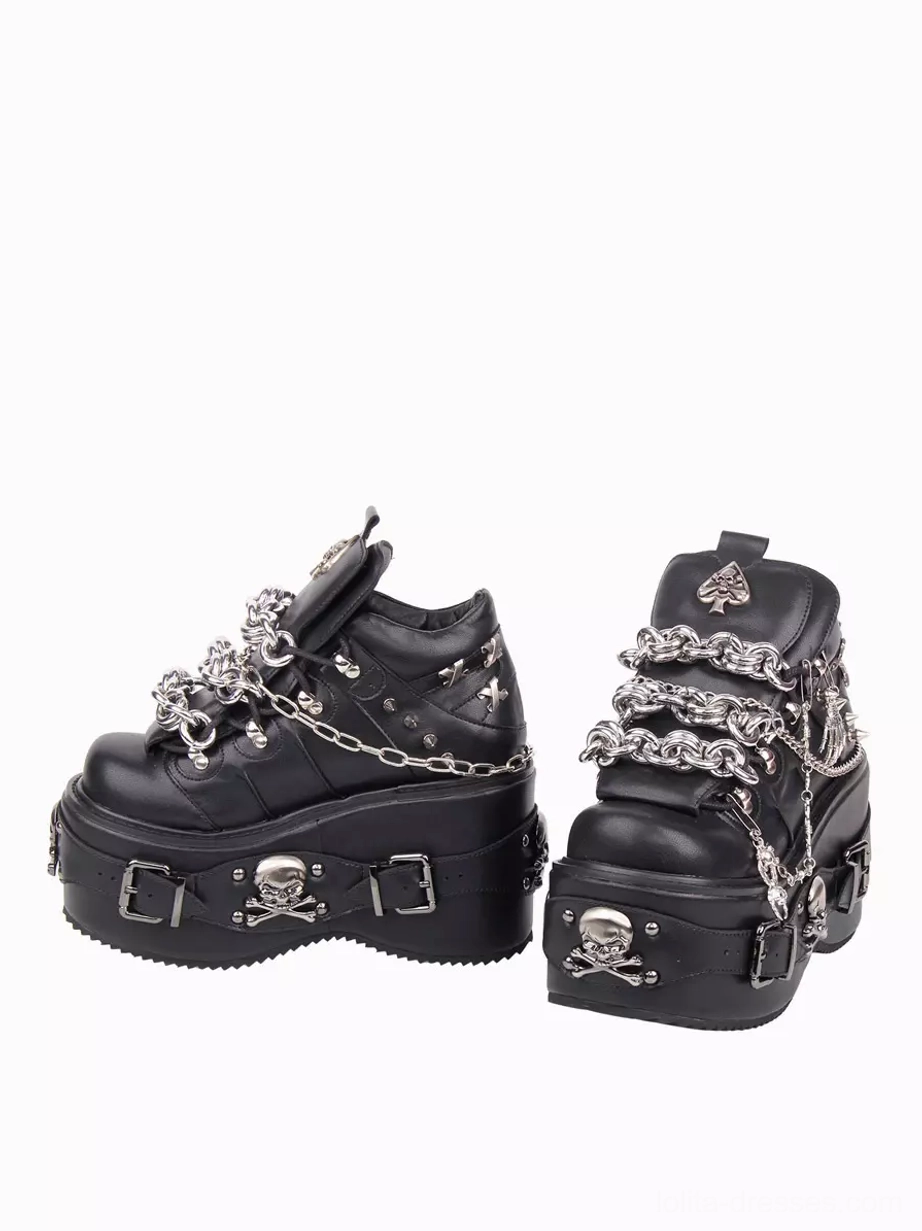 Gothic lolita wedge heel shoes side profile view thick platform sole silver chains skull hardware details
