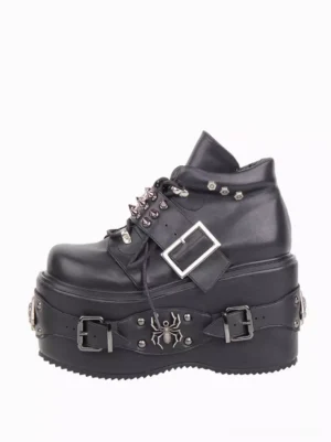 Single black gothic lolita platform pump with silver buckles and spider emblem right side three-quarter view