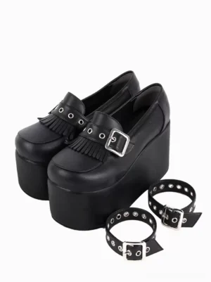 Gothic lolita platform wedge pumps top-down three-quarter view showing black pu leather upper with chain tassel decoration silver front buckle and detachable ankle strap