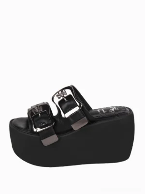 Single Gothic Lolita platform sandal right side profile showing silver decorative buckles and thick wedge sole design