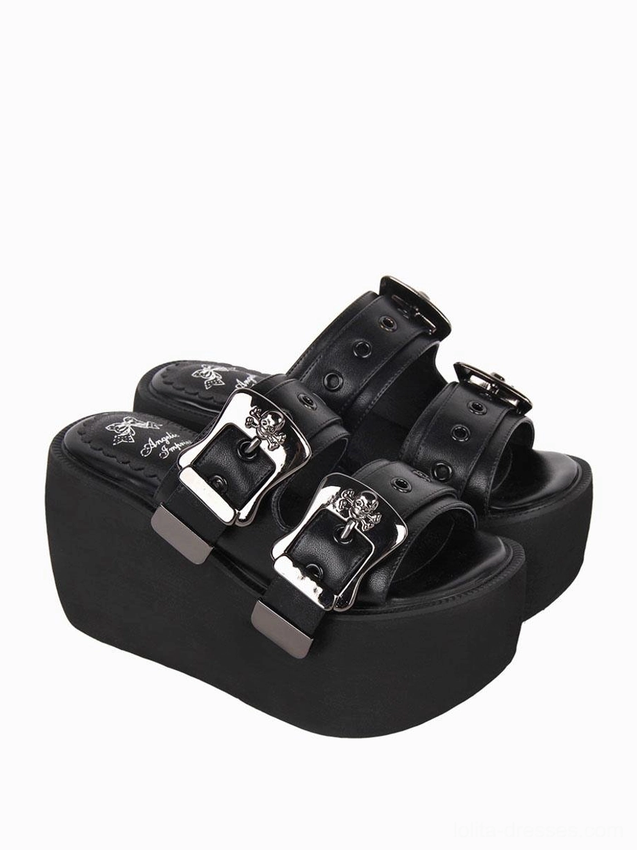 Pair of Gothic Lolita platform sandals oblique rear top-down view featuring dual silver buckled straps and wide thick wedge sole