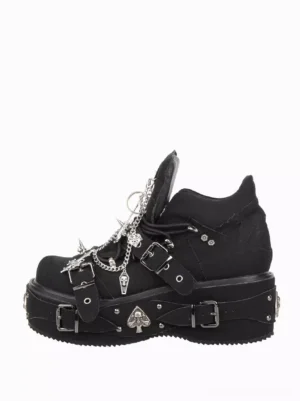 Gothic Lolita wedge heel shoes featuring silver chain ornaments, spade emblem, and riveted buckle straps, side three-quarter angle detail shot