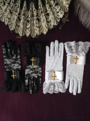 Gothic lolita white lace gloves with ruffled cuffs and gold cross charm ornament, featuring dual colorway design with elegant oversleeves for alternative fashion tea party wear