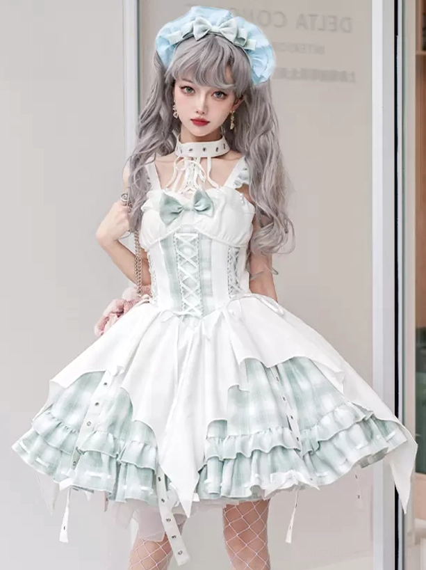 Mint green white plaid Gothic Lolita jumper dress with hollow neck collar and ruffled trim, back three-quarter view