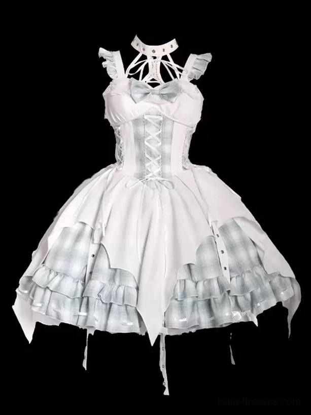 White mint green plaid Gothic Lolita dress flat lay product shot, lace-up corset front and detachable shoulder straps visible