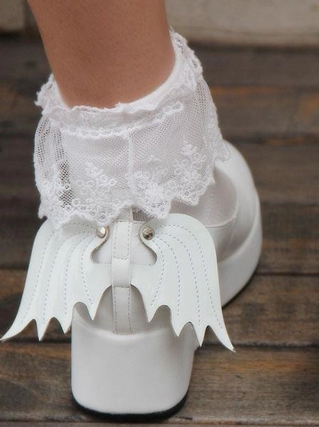 White Gothic Lolita platform Mary Jane shoes back partial model view with lace ruffled socks thick platform sole bat wing decor