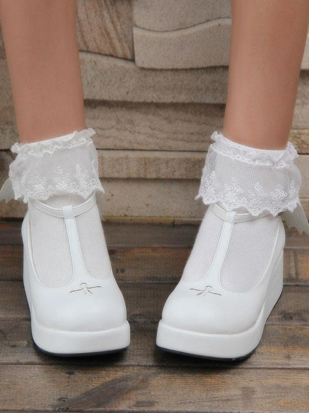 White Gothic Lolita platform Mary Jane shoes front full model view T-strap design cross toe cap thick platform lace ruffled socks