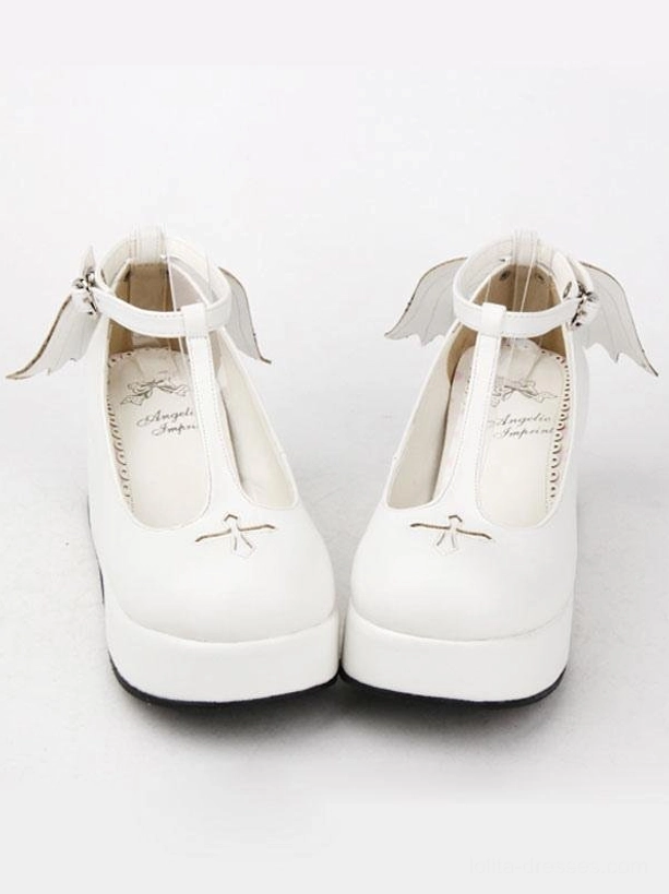 White Gothic Lolita platform Mary Jane shoes front three-quarter angle T-strap buckle wing heel strap cross toe detail smooth leather
