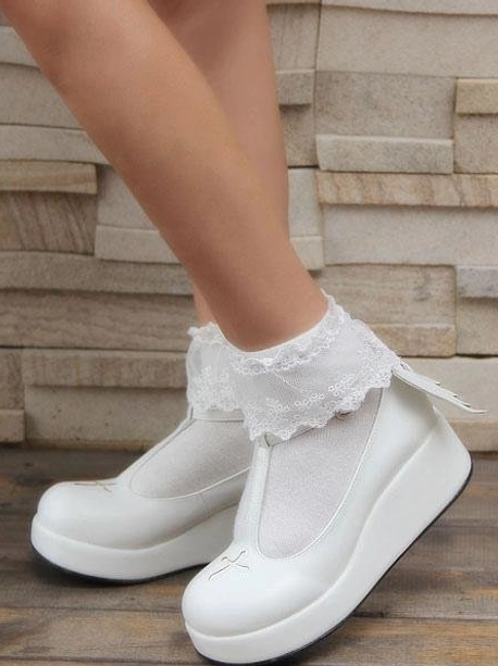 White Gothic Lolita platform Mary Jane shoes side rear model view T-strap cross toe detail thick platform lace socks coordination