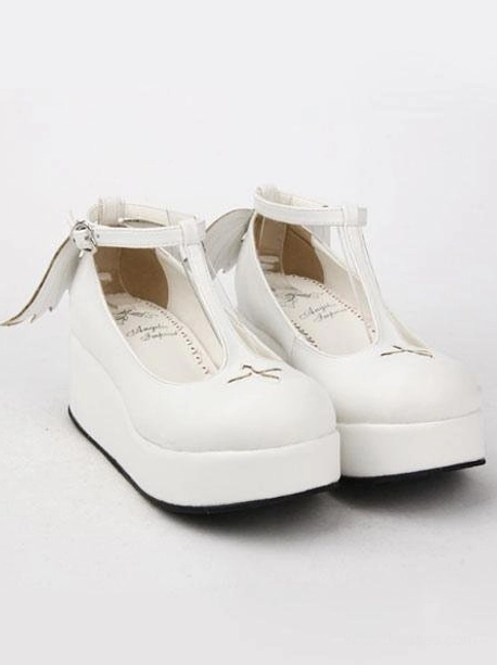 White Gothic Lolita platform Mary Jane shoes with wing heel strap cross toe detail T-strap buckle front three-quarter view
