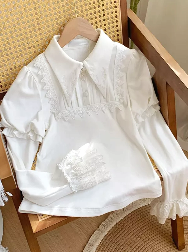 Gothic Lolita white ruffled puffed long sleeve blouse lace-trimmed collar cuffs flat lay wooden chair