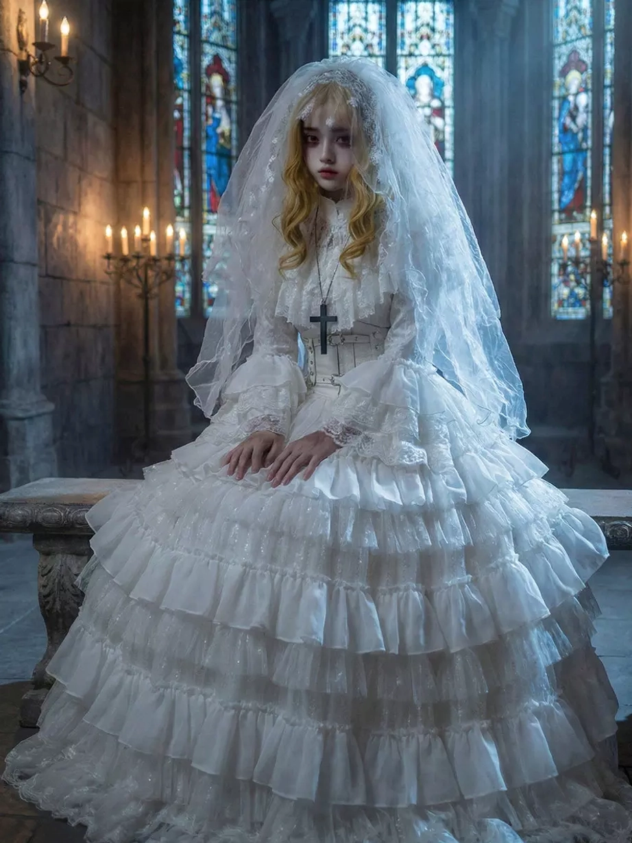 White Gothic lolita dress sitting pose front medium shot featuring sheer layered tulle skirt and cross pendant necklace