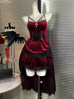 Wine red Gothic Lolita corset dress with lace-up front high-low ruffled hem close-up detail