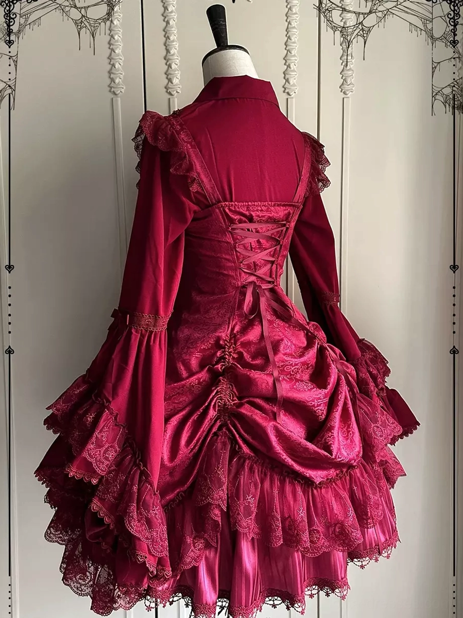gothic lolita wine red long sleeve dress back view with lace up corset back design and ruffled satin skirt