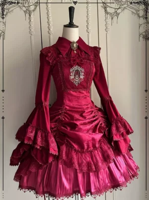 long sleeve gothic lolita wine red dress with ruffled trumpet sleeves jacquard fabric and turn down collar front display