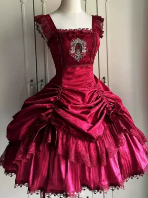 wine red gothic lolita sleeveless pinafore dress with lace ruffle square neckline and vintage brooch front view