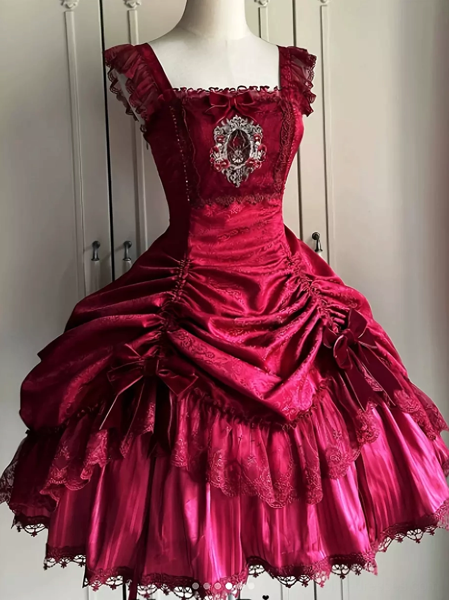 wine red gothic lolita sleeveless pinafore dress with lace ruffle square neckline and vintage brooch front view