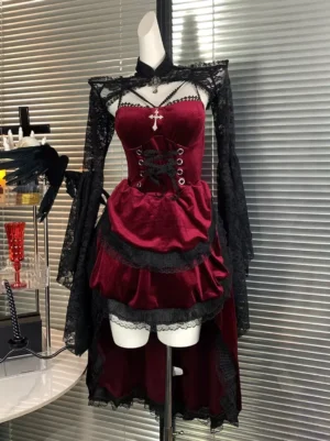 Gothic Lolita wine red velvet corset dress set with black lace bolero front full view alternative fashion