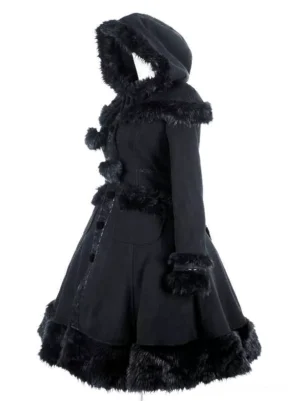 Gothic lolita winter coat side profile showing faux fur trimmed hood and pompom button details fitted waist