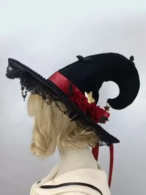 gothic-lolita-witch-hat-black-velvet-red-roses-back-wearing-view-with-mannequin