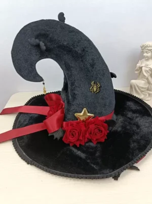 gothic-lolita-witch-hat-flat-lay-top-down-view-gold-spider-emblem-scalloped-lace-brim