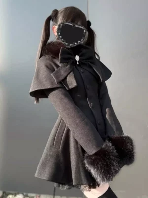 Gothic lolita wool winter coat side profile fitted silhouette detachable cape faux fur trim rhinestone bow dark grey