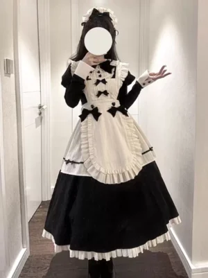 gothic black white maid lolita dress front view ruffled apron puff sleeves bow details lolita fashion