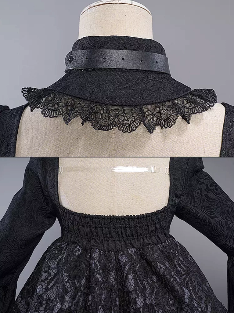Gothic maid lolita O-ring choker collar faux leather lace overlay hanging chain necklace detail