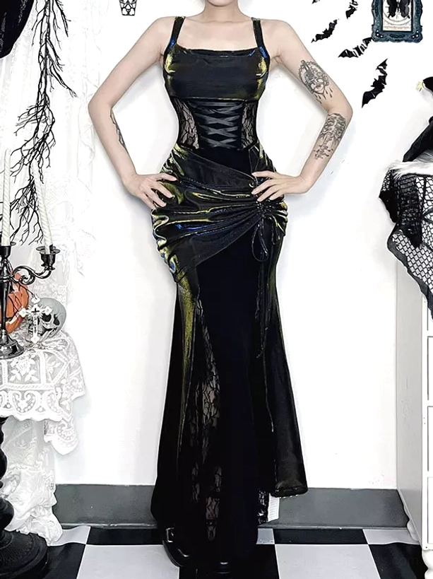 Sleeveless gothic mermaid dress with corset lace-up front drawstring ruched side and spaghetti straps on tattooed model front view